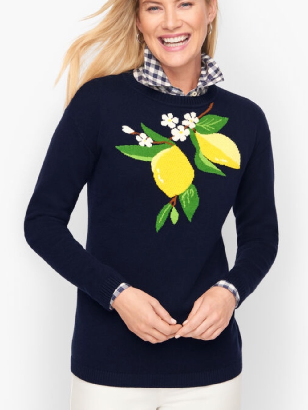 Talbots Fresh Lemons Intarsia Crew Neck Popover Sweater Preppy Novelty